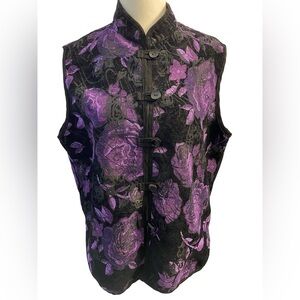 Vintage Reversible Floral Vest Black/Purple Tapestry With Mandarin Collar Size L